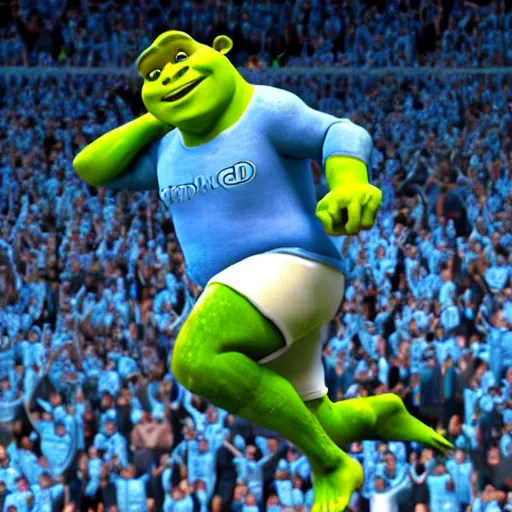 Prompt: shrek!! scoring a goal for manchester city, hd render,