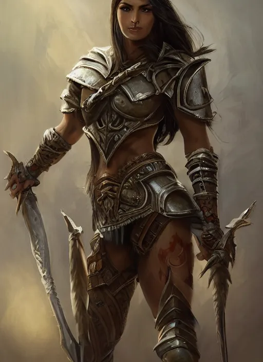 Prompt: a professionally painting of an attractive young girl, partially clothed in battle armor, olive skin, long dark hair, beautiful bone structure, perfectly proportioned, nubile body, symmetrical facial features, intricate, elegant, heroic pose, digital painting, concept art, smooth, sharp focus, finely detailed, beautifully framed, from the game Diablo, in the style of Artgerm and Greg Rutkowski and William-Adolphe Bouguerea