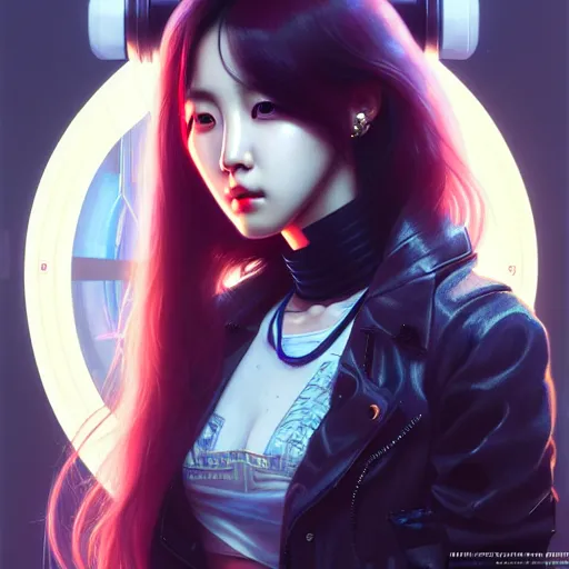 Image similar to portrait painting of kpop artist sunmi as a cyberpunk technician, ultra realistic, concept art, intricate details, eerie, highly detailed, photorealistic, octane render, 8 k, unreal engine. art by artgerm and greg rutkowski and magali villeneuve and alphonse mucha