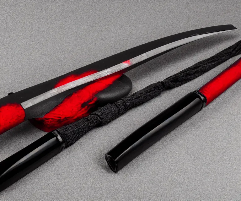 Prompt: a photo of a black and red katana, with the blade half way in a black and white sheathe, studio lighting, product photo