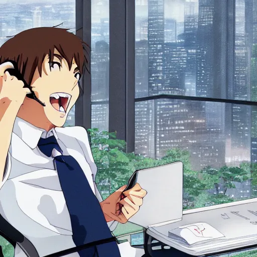 Image similar to anime of wall street broker sitting in his office laughing on the phone with skyview in background, studio ghibli, makoto shinkai, trending on artstation, 2 d hd, 8 k