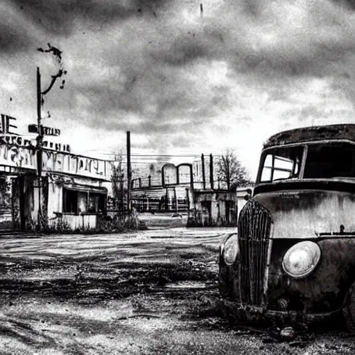 Image similar to black and white, old polaroid of dilapidated fallout 5 europa, temperate european hamlet, desolate, dilapidated neon signs, few rusted retro futuristic vintage parked vehicles, volumetric lighting, photorealistic!!!, daytime, autumn, gloomy weather, ultra detailed!!!