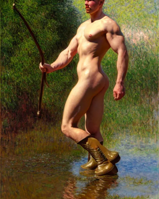 Prompt: muscular soldier wading through a river, long rubber wading boots, sunlight shining on his skin, reflective water, painting by tom of finland, gaston bussiere, craig mullins, j. c. leyendecker, claude monet