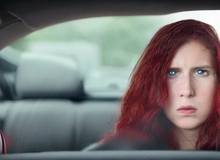 Image similar to A very high resolution image from a new movie, inside of a car, teen red hair woman, raining, hot, directed by wes anderson