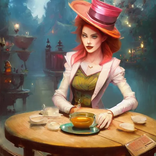 Image similar to female mad hatter sitting at tea table, by Jordan Grimmer and greg rutkowski, crisp lines and color,