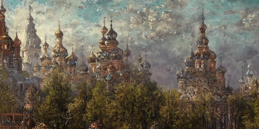 Image similar to beautiful magical ancient Slavic city of Kitezh, magic mist, strange buildings, oil painting, painting by Viktor Vasnetsov, concept art, fantasy cityscape, ancient Russian architecture, painting by Ivan Shishkin, hyperborea, high resolution, trending on artstation,