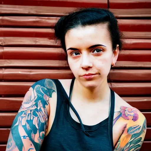 Image similar to gorgeous portrait of a young woman with tattoos who works for the oakland museum of california, golden hour