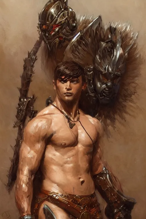 Image similar to warrior, attractive male, character design, painting by gaston bussiere, greg rutkowski, katsuya terada, frank frazetta, tom of finland, trending on artstation