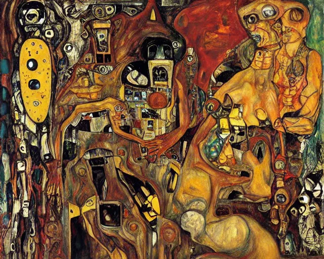 Image similar to a painting of a monsters and robots by graham sutherland, egon schiele, gustav klimt, neo - expressionism