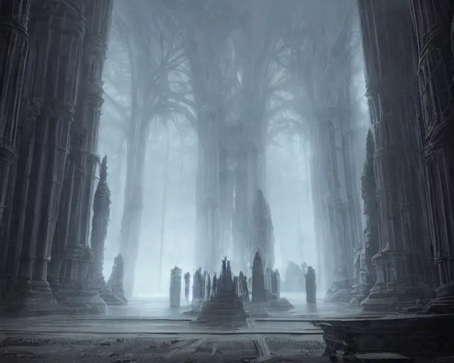 Prompt: fantasy, inside the king's hall wolves and their treasures, ethereal, ominous, misty, 8 k, by h. r. giger greg rutkowski