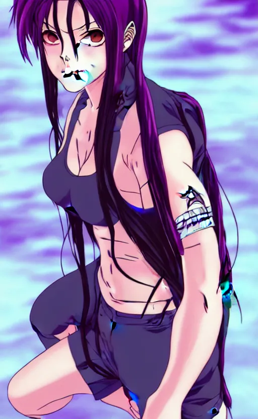 Image similar to style of madhouse studio anime, black lagoon manga, loish, artgerm, comic art, portrait of revy from black lagoon, symmetrical eyes and symmetrical face, jean shorts, white tank top, purple hair, sarcastic evil smirk on face, sky and ocean background