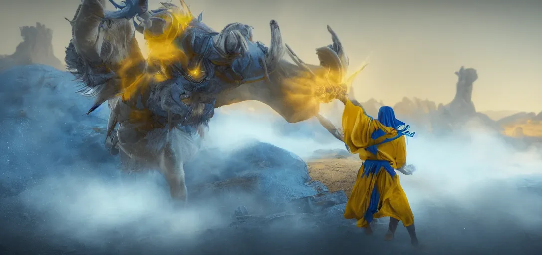 Prompt: a warrior in blue and yellow robes fighting a beast in a desert, detailed face, luminescent eyes, sunny weather, rendered in octane, realistic, 8 k, vivid, intricate, detailed, mist, fog, dramatic light