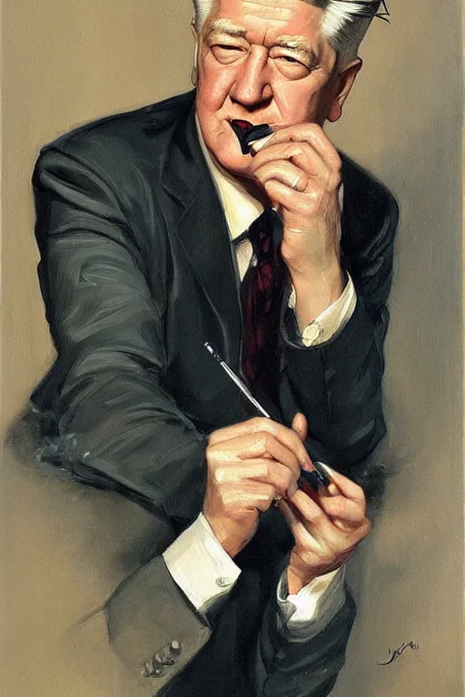 Prompt: david lynch smoking, painting by jc leyendecker!!, angular, brush strokes, painterly, vintage, crisp