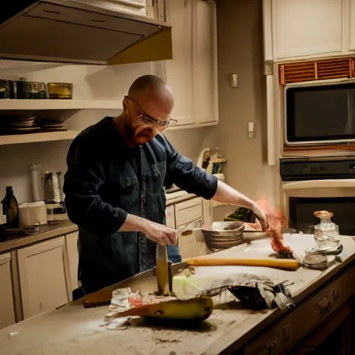 Image similar to walter white and jesse pinkman cooking dinner, high resolution, dslr photo, shot on nikon d 3 2 0 0