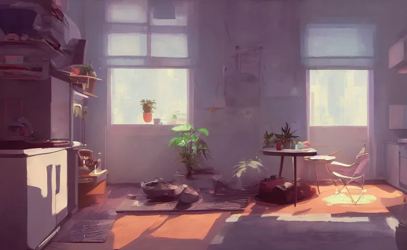 Image similar to a stylish bedroom interior, futuristic plastic capsule apartment, small kitchen, reflective floor, potted plant, painting by Craig Mullins, octane rendering, soft morning lighting, wide angle lens, in the style of Hayao Miyazaki, trending on artstation,