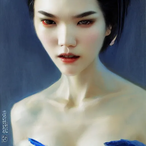 Image similar to detailed cinematic wide shot of tao okamoto beautiful attractive vampire woman slim face symettrical face clean skin blue eyes black robe smooth, sharp focus, ultra realistic, spring light, painting by gaston bussiere, craig mullins, j. c. leyendecker