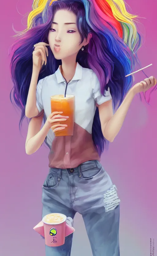 Image similar to a kawaii woman with rainbow hair, happy, summer time, holding boba tea drink, soft eyes and narrow chin, dainty figure, long hair straight down, kawaii shirt and jeans, basic white background, In style of by Jordan Grimmer and greg rutkowski, crisp lines and color