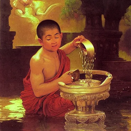 Image similar to old srilankan buddhist monk pouring liquid gold like water into buddhist monk kid head in baroque style, painting by gaston bussiere, craig mullins, j. c. leyendecker, lights, art by ernst haeckel, john william godward, hammershøi,