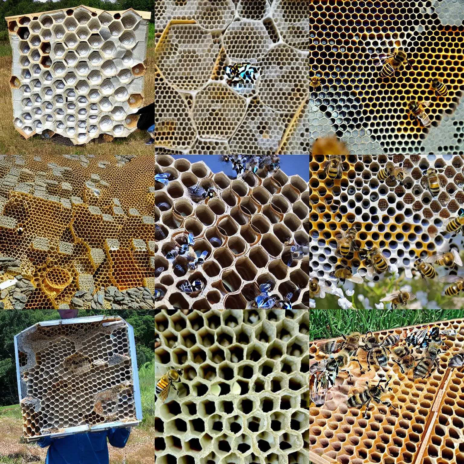 Prompt: THE BEES BEGAN BUILDING A GIANT HONEYCOMB MATRIX TO PROTECT US, photo