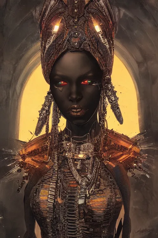 Image similar to portrait of a beautiful young gothic Black woman, cyberpunk, Warhammer, highly detailed, artstation, illustration, art by Gustav Klimt