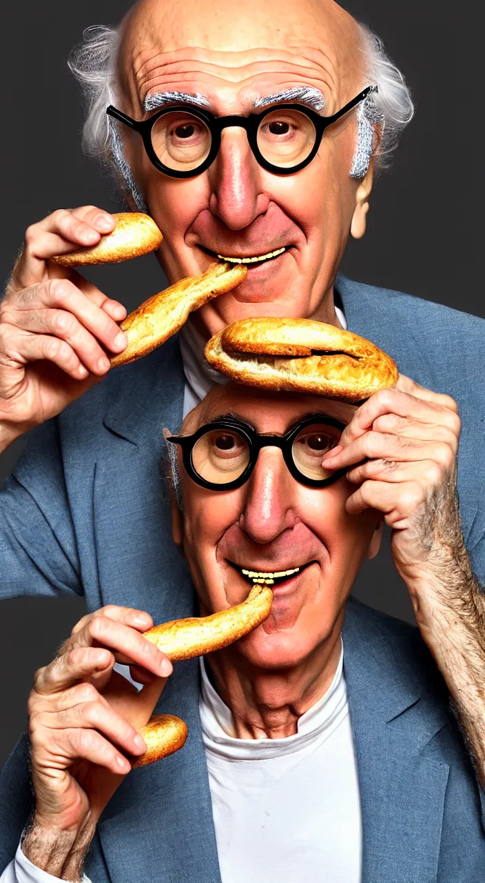 Prompt: larry david eating a bagel in the style of salvador dali hyper realistic, 8 k, hd