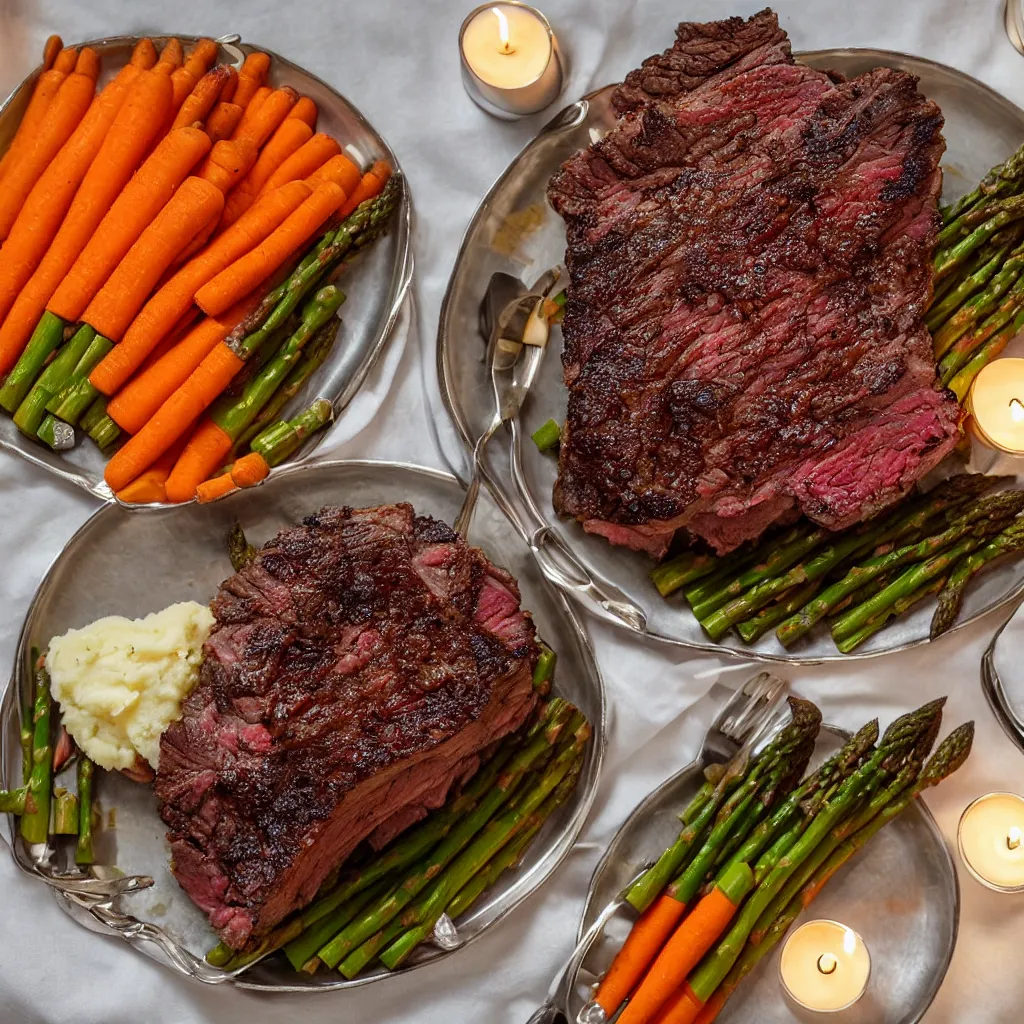 Prompt: macro chest - level shot of a single plate with prime rib, asparagus, mashed potatoes and gravy, and steamed carrots with blue table cloth and lit candles in ornate silver candlesticks, ultra - realistic, photo realism, professional photograph, extreme detail, deep focus, laser sharp, volumetric lighting, atmospheric, luxury, elite