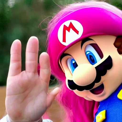 Image similar to Super Mario with long pink hair