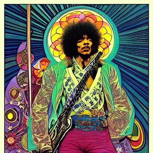 Prompt: “colorfull artwork by Franklin Booth and Alphonse Mucha and Moebius showing a portrait of Jimi Hendrix as a futuristic space shaman”