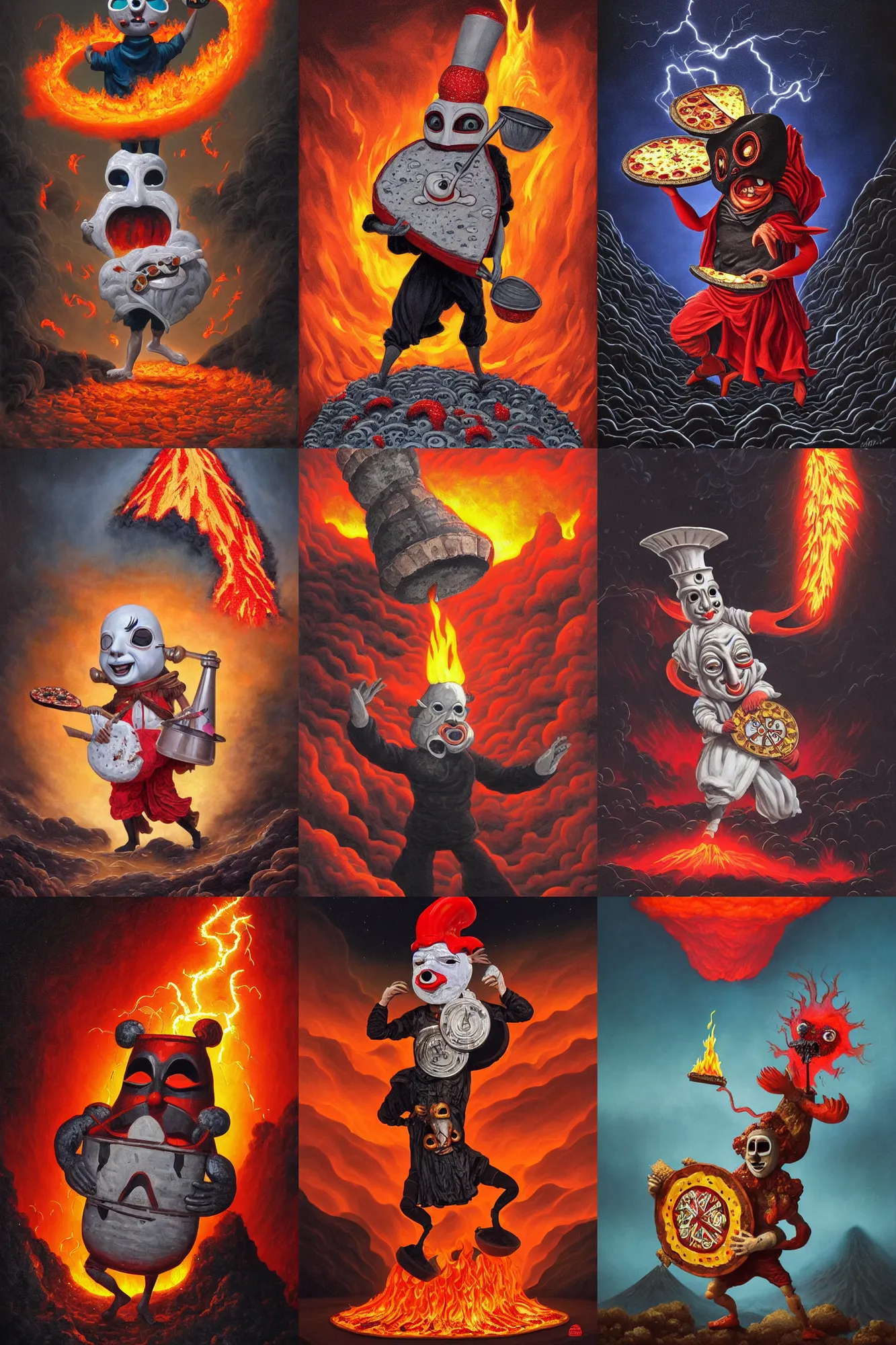 Image similar to an extremely detailed pulcinella like character wearing a mask holding a large pizza in front of a volcano spewing lava and black smoke, from below, streams of glowing hot lava, flashes of lightning in the distance, wide shot, long shot, an ultrafine detailed painting by joe fenton, deviantart, pop surrealism, whimsical