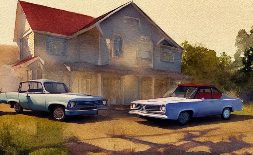 Prompt: a watercolor painting of a chevrolet opala parked near a 1 9 0 0 s house, digital painting, masterpiece, hyperrealistic, concept art, trending on deviantart, highly detailed, high quality, 4 k, symmetrical, low contrast, watercolor, warm, soft lighting, path traced, godrays, vintage, soft colors