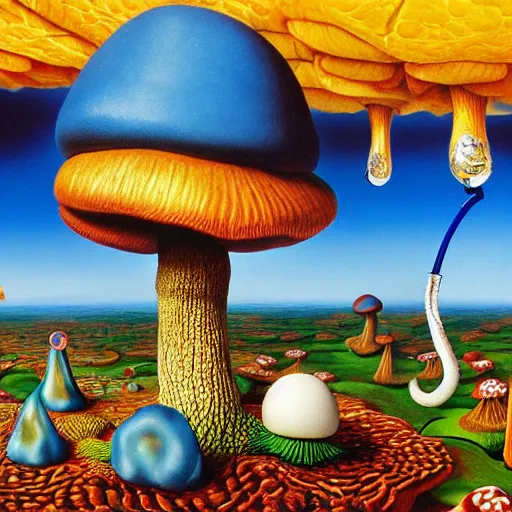 Prompt: a blue caterpillar with a hooka pipe on top of a mushroom in wonderland by jacek yerka and salvador dali, detailed matte painting, 8 k resolution