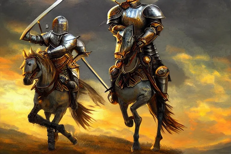 Image similar to knight, sword, fantasy, painting, ultra realistic!!!, clear weather, golden hour, sharp focus