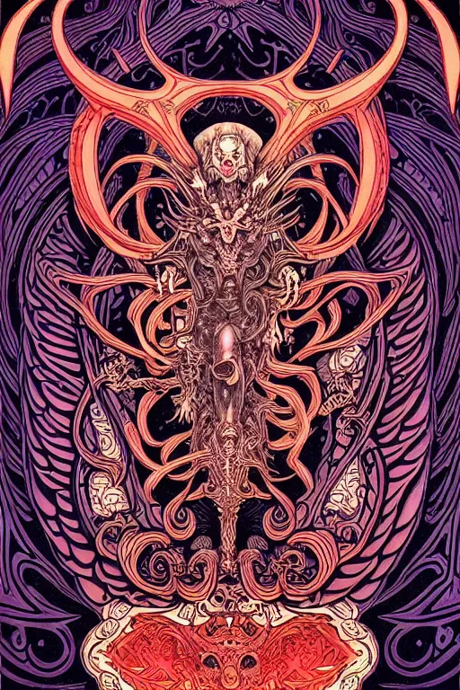 Image similar to demon, occult design with ornate pattern background, intricate linework, in the style of moebius, ayami kojima, 9 0's anime, retro fantasy