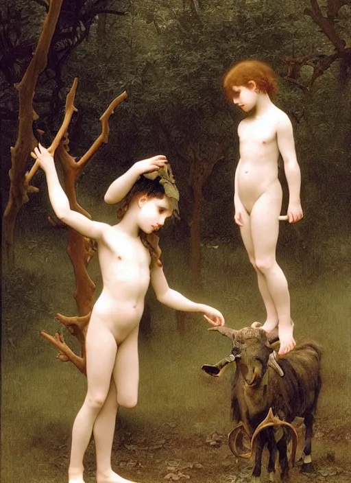 Image similar to boy and girl in pagan clothes performing an occult ritual on a goat in a deep thorns bones bloody forest, by william-adolphe bouguereau and Takato Yamamoto, high resolution