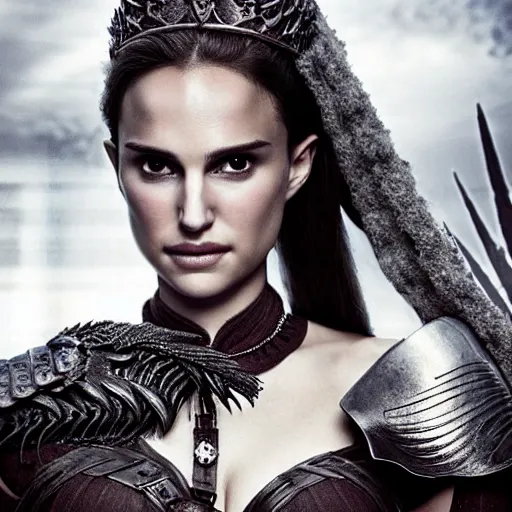 Prompt: head and shoulders portrait of a female knight, young natalie portman, game of thrones, eldritch, silken hair, armored, ornamental etching, dragon, elaborate detail, vogue fashion photo