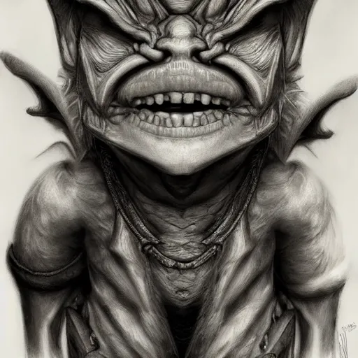 Image similar to hyper realistic pencil drawing of a goblin, D&D Art, detailed, rim light, diffused, intricate, axe, by anna dittmann