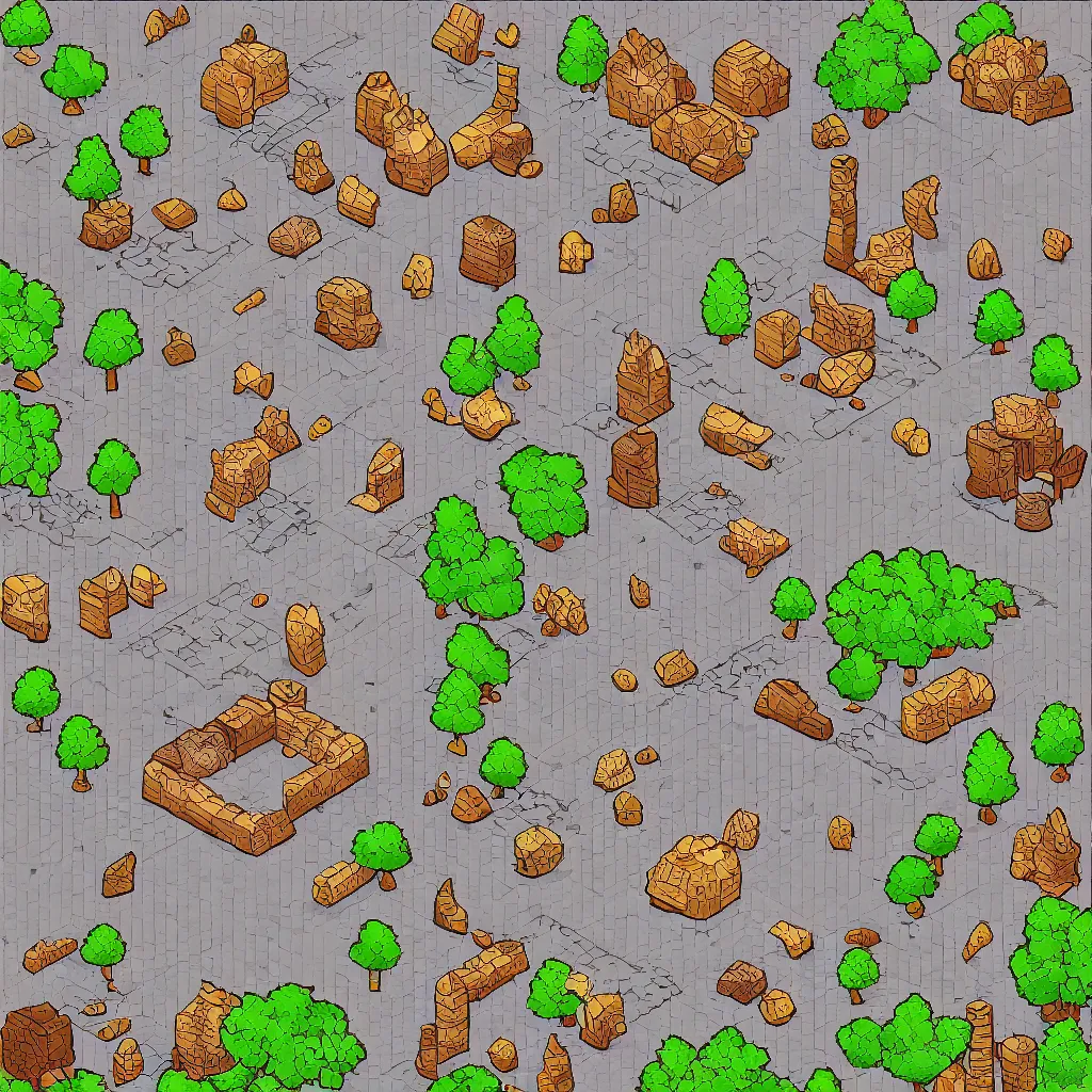 Prompt: lineart tileset including ground tile, resources tiles and wizard tower tiles