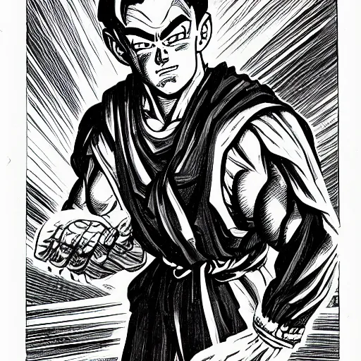 Prompt: franklin booth illustration of elon musk from dragon ball z