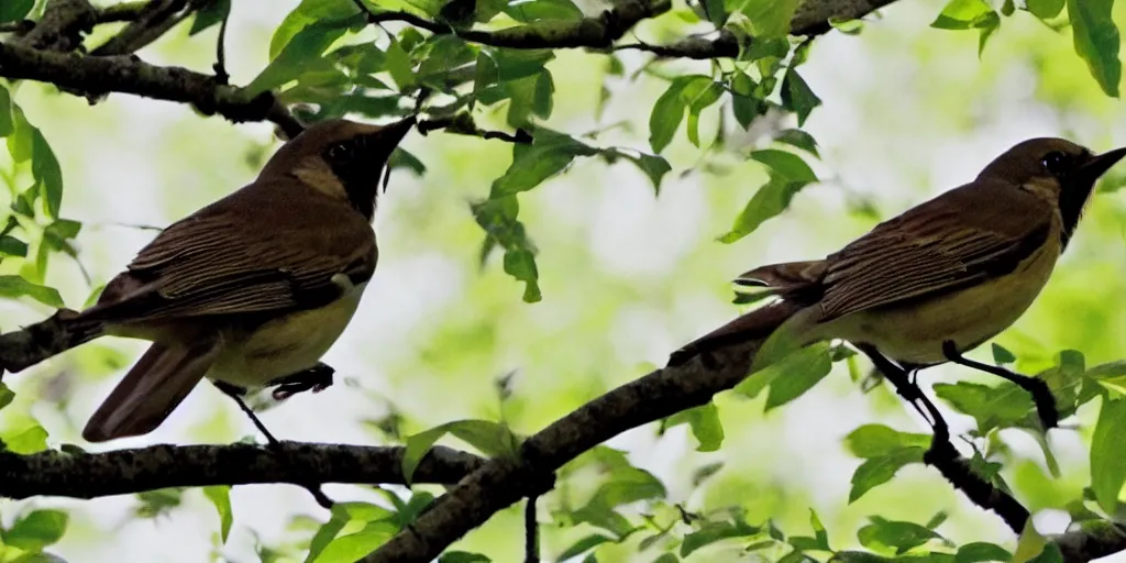 Prompt: in a tree by the brook, there's a songbird who sings,, high quality rendering,