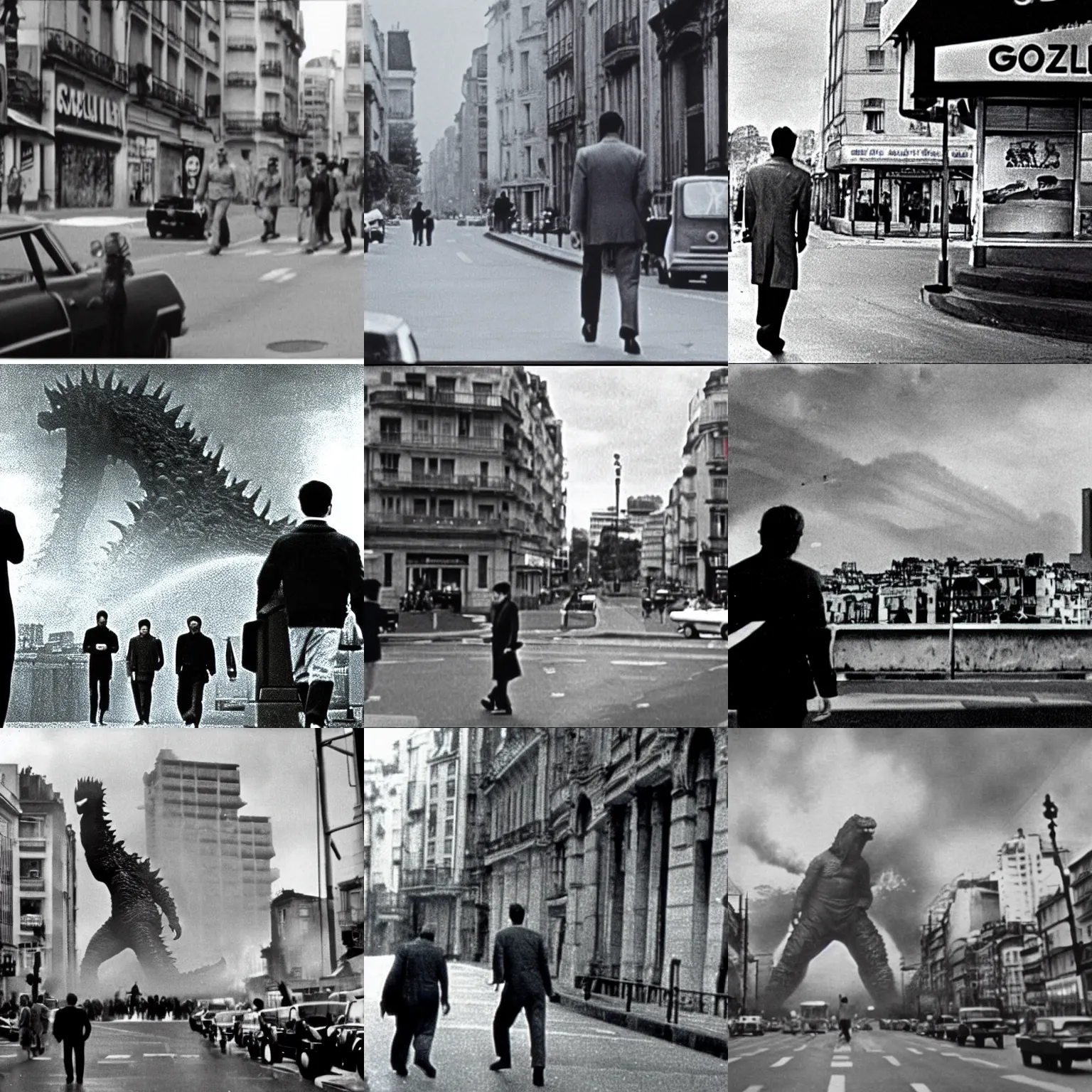 Prompt: still of godzilla ( 1 9 6 5 ) by jean - luc godard, with godzilla walking near the movie houses or the quartier latin in paris