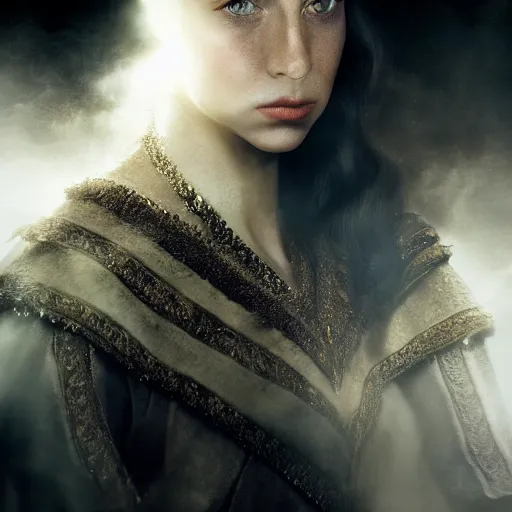 Image similar to stunning portrait photography of young beautiful half elf queen from national geographic award winning, dramatic lighting