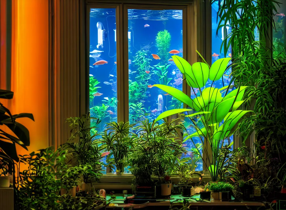 Image similar to telephoto 7 0 mm f / 2. 8 iso 2 0 0 photograph depicting a single iridescent jungle plant in a cosy cluttered french sci - fi ( art nouveau ) cyberpunk apartment in a pastel dreamstate art cinema style. ( aquarium, computer screens, window ( city ), leds, lamp, ( ( ( aquarium bed ) ) ) ), ambient light.