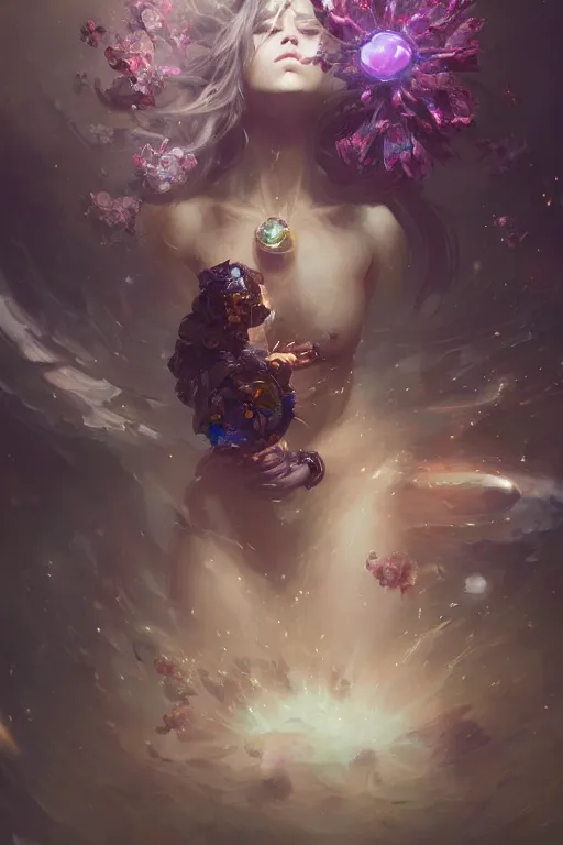 Image similar to beautiful girl necromancer covered with crystals exploding space, 3 d render, hyper realistic detailed portrait, holding magic flowers, ruan jia, wlop. scifi, fantasy, hyper detailed, octane render, concept art, peter mohrbacher