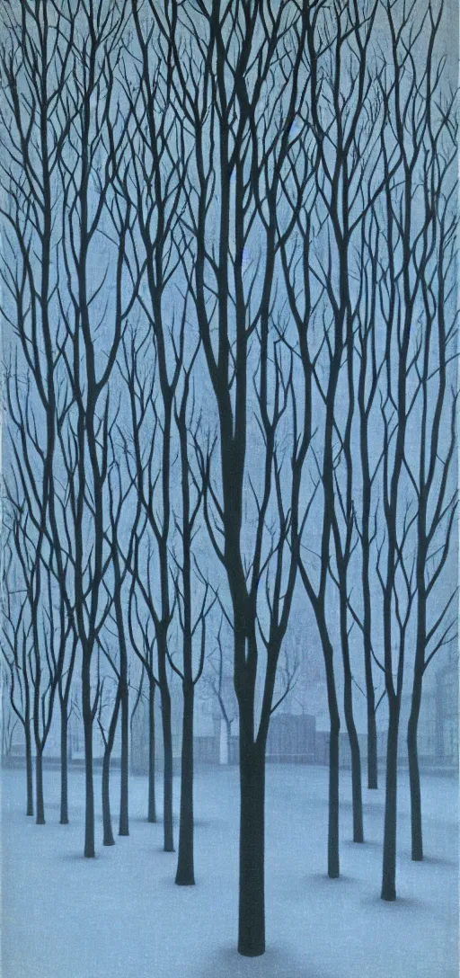 Prompt: Park on an Winter night by Rene Magritte. Long surreal shadows. Blue.