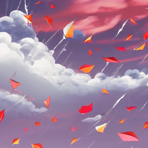 Image similar to background art of flying longswords flowing and floating through the blowing directional wind on a simple cloudy sky background, big puffy clouds, large individual rose petals, angular background elements, polygonal fragments, anime, studio ghibli, artgerm, manga, trending on artstation, art nouveau, mature color scheme