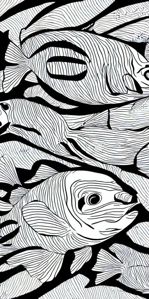 Prompt: illustration vector fine line art of a white fish on a full black background, very simple