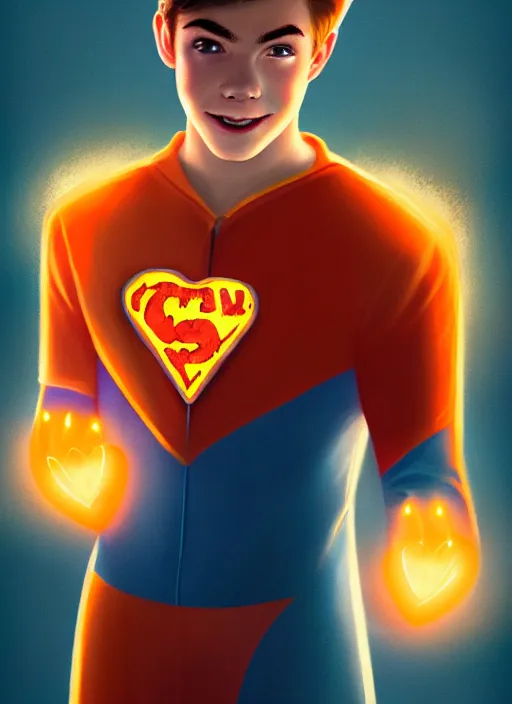 Image similar to friendly teenage archie andrews wearing an orange superhero costume with heart logo, freckles, pureheart the powerful, heart emblem on chest, cape, intricate, elegant, glowing lights, highly detailed, digital painting, artstation, sharp focus, illustration, art by wlop, mars ravelo and greg rutkowski