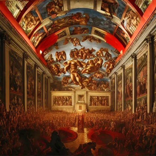 Image similar to the sistine chapel breaks open in half in the ceiling as a red magical portal from hell opens up, lucifer morningstar emerges along with demons, the priests and the pope look at the scene with terror in their eyes. highly detailed painting by gaston bussiere, greg rutkowski, craig mullins 8 k