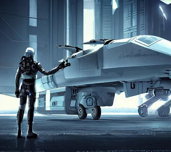 Image similar to fighter pilot stands beside futuristic sci fi fighter jet landed at runway of cyberpunk city ,dark cinematic lighting , digital concept art