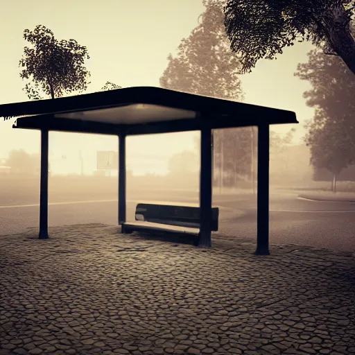 Prompt: abandoned bus stop with warm tinted street lamp on a misty night, cobblestone road, volumetric lighting, unreal engine, anime